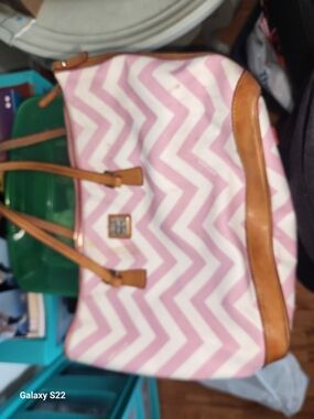 Dooney & Bourke Pink and White Chevron Tote with Tan Trim